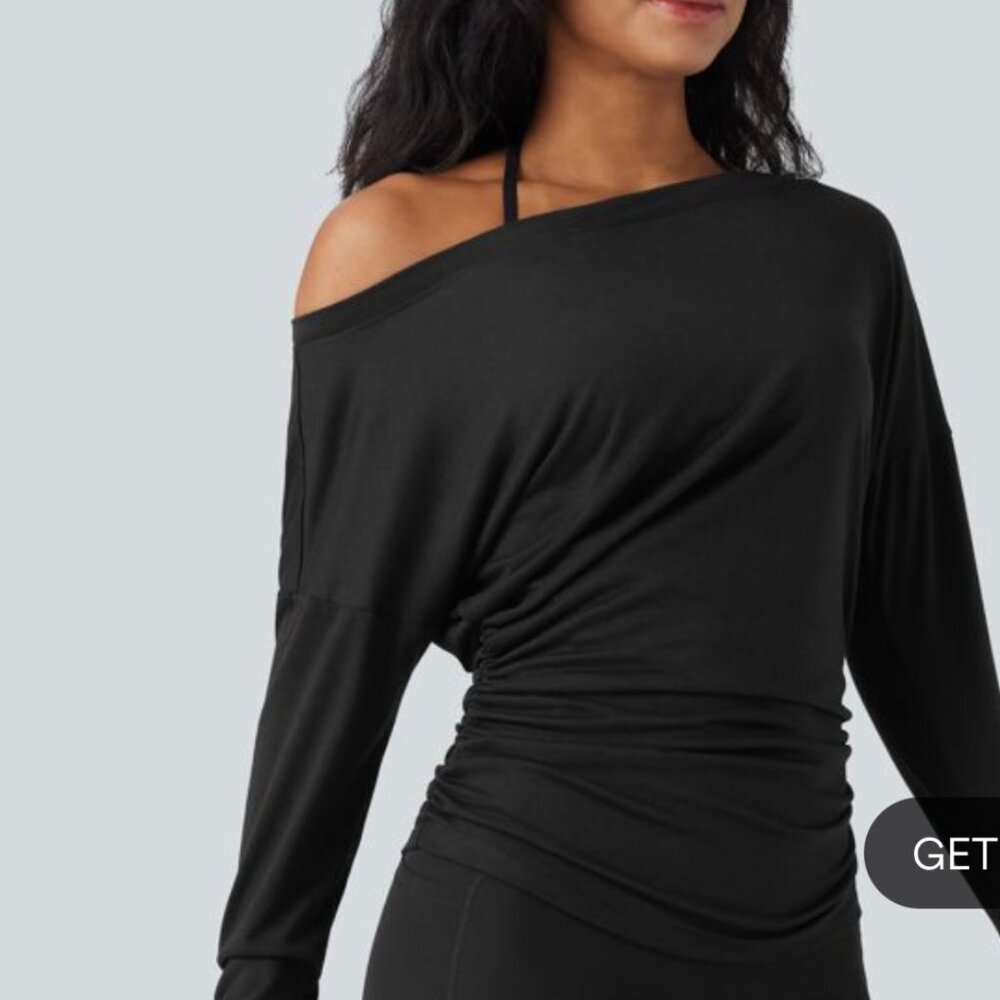 One Shoulder Long Sleeve Thumb Hole Ruched Yoga Sports Top